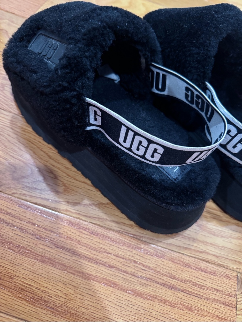UGG  Black Furry Slip-On Sandals with Branded Elastic Strap